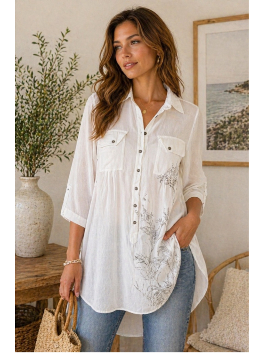 Copine White Button Up Tunic Blouse Sheer Floral Lightweight Small